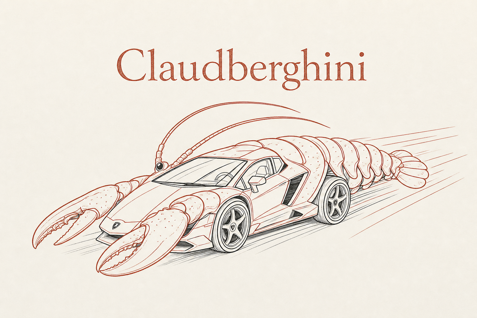 A hand-drawn line illustration of a Lamborghini fused with a lobster, speeding with motion lines, in warm Anthropic brand style.
